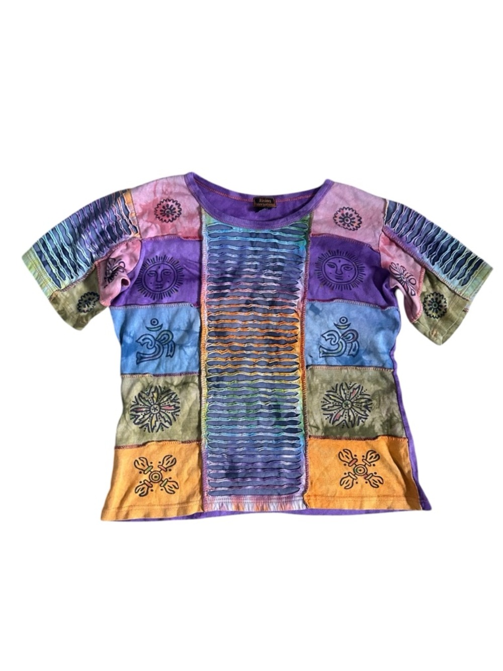 Rising International Boho Hippie Patchwork Tie Dye Tee - Sun & Om Symbols
